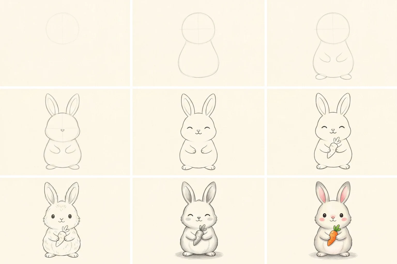 Nine pencil sketches: how to draw a cute cartoon bunny step by step, arranged in a 3 by 3 grid