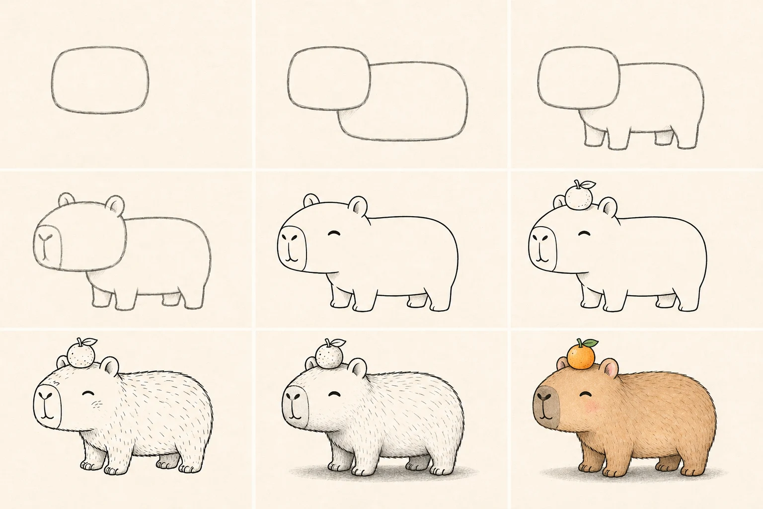Nine pencil sketches: how to draw a capybara step by step in cute cartoon style, arranged in a 3 by 3 grid