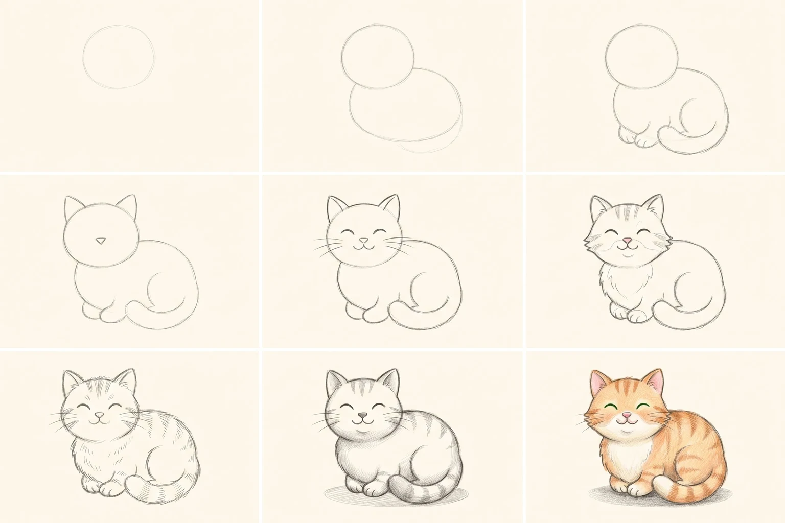 Nine pencil sketches: how to draw a cat step by step in cute cartoon style (warm tabby), arranged in a 3 by 3 grid