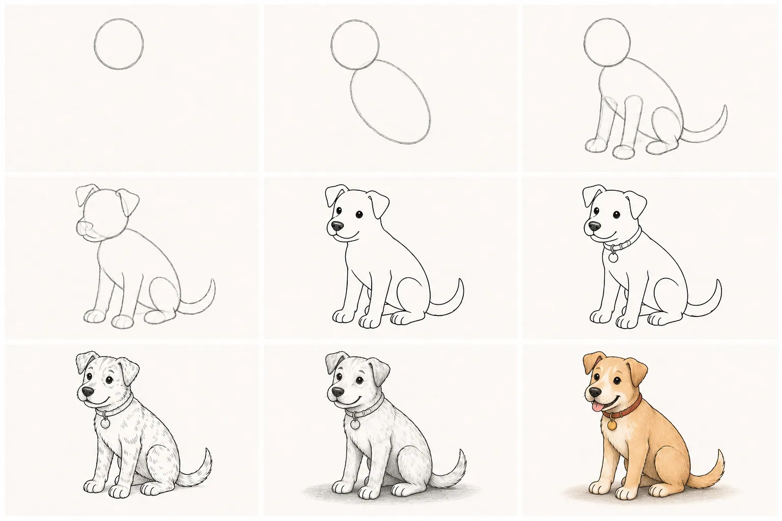 Nine pencil sketches showing how to draw a dog step by step, arranged in a 3 by 3 grid