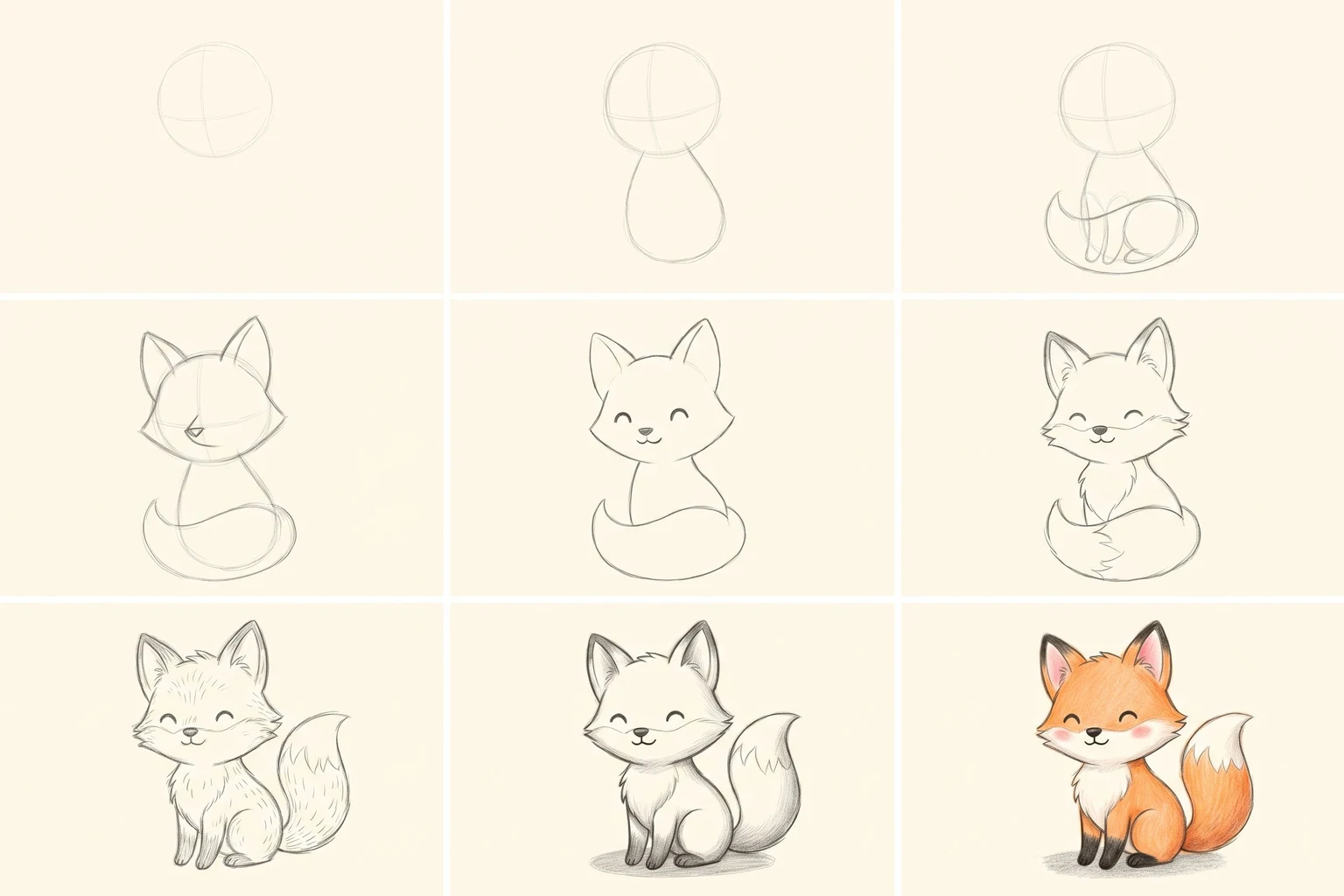 Nine sketches showing how to draw a cute cartoon fox step by step, arranged in a 3 by 3 grid