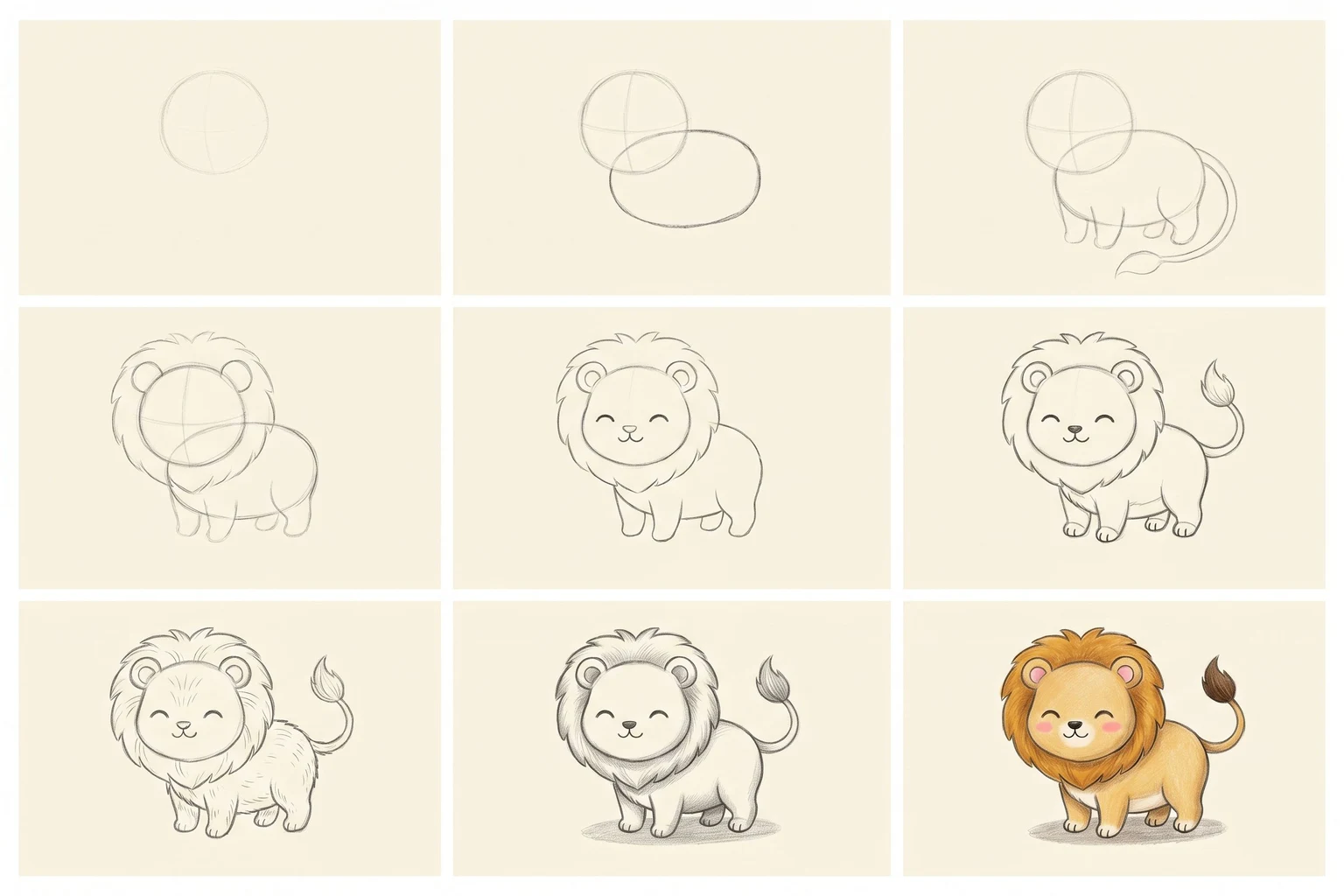 Nine pencil sketches: how to draw a cute cartoon lion step by step, arranged in a 3 by 3 grid