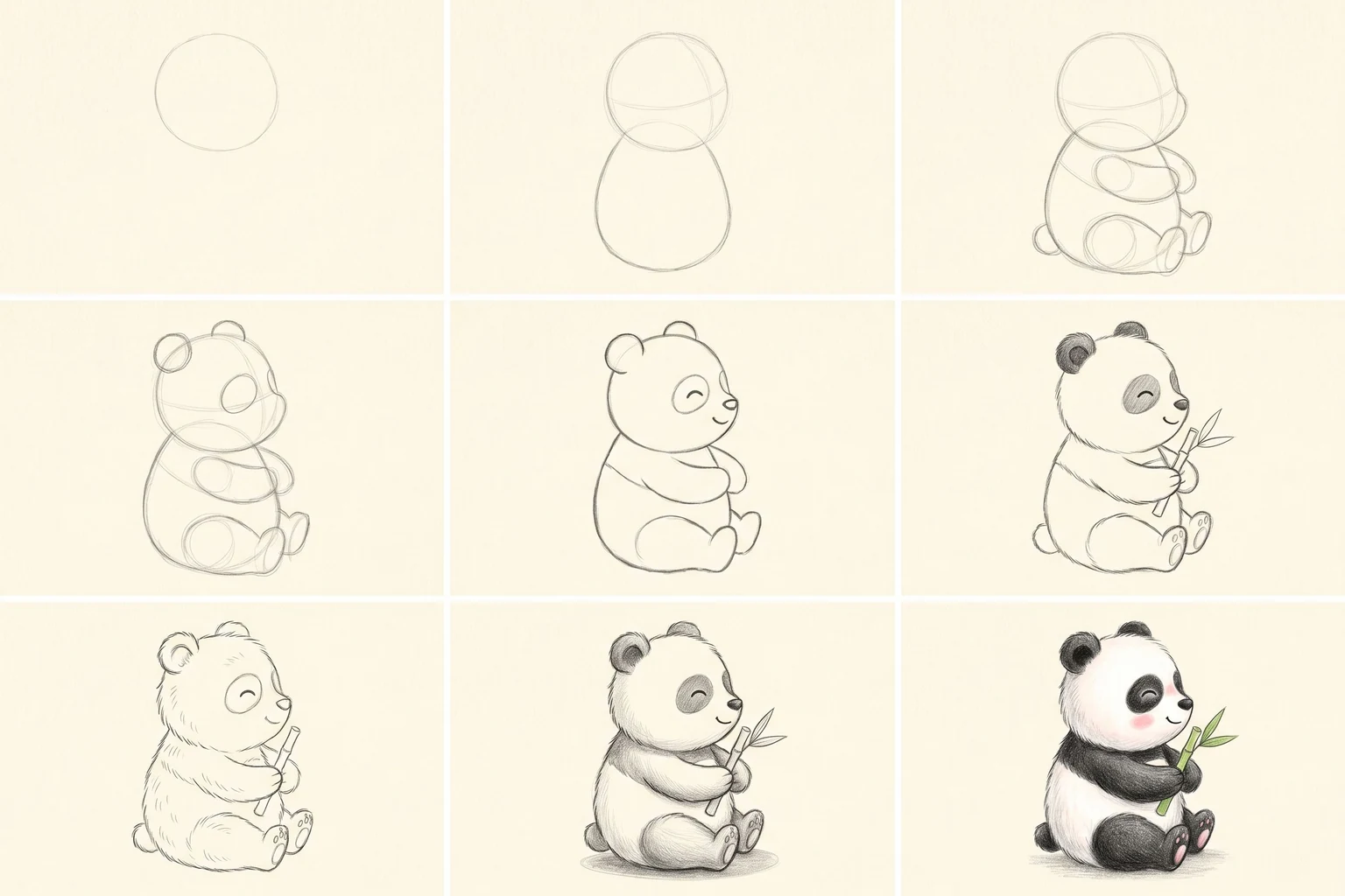 Nine pencil sketches: how to draw a panda step by step in cute cartoon style, arranged in a 3 by 3 grid