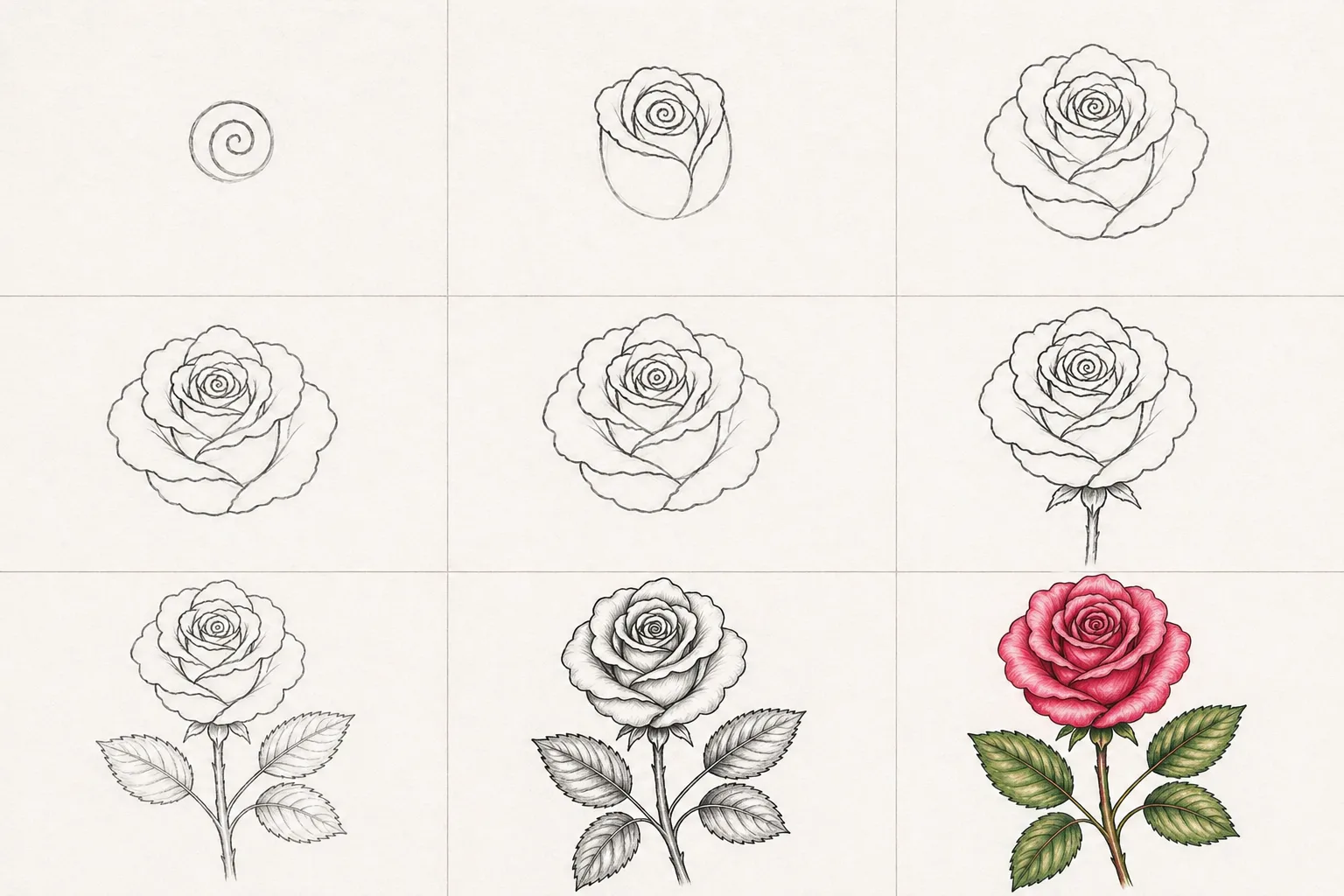 Nine pencil sketches showing how to draw a rose step by step, arranged in a 3 by 3 grid