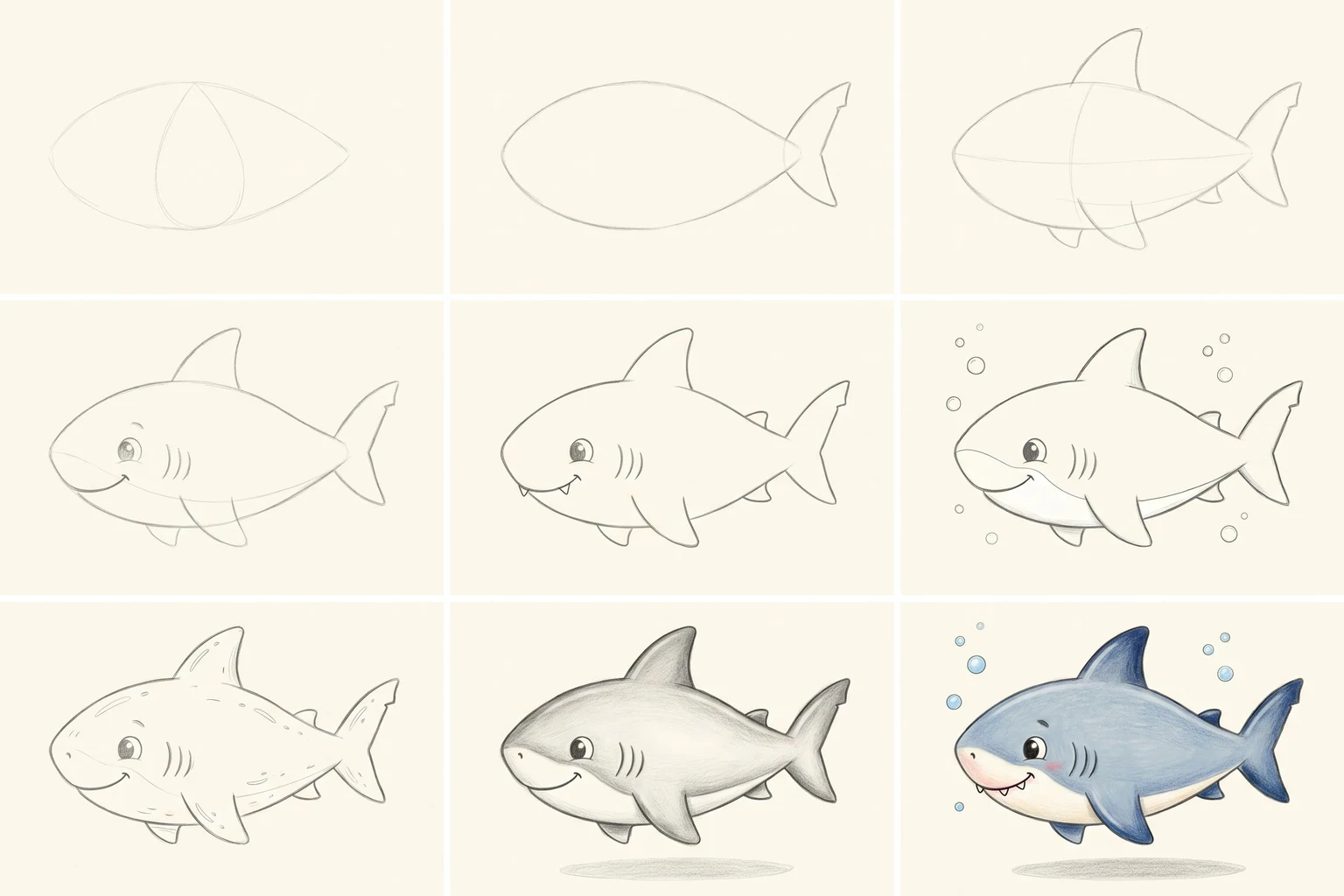 Nine pencil sketches: how to draw a cute cartoon shark step by step, arranged in a 3 by 3 grid