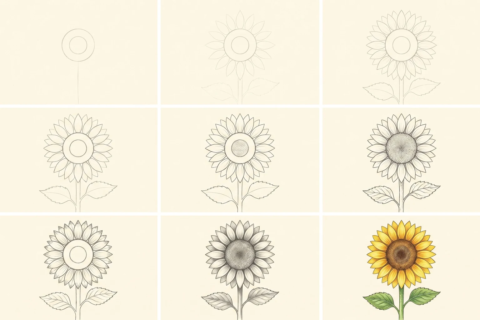 Nine pencil sketches showing how to draw a sunflower step by step, arranged in a 3 by 3 grid