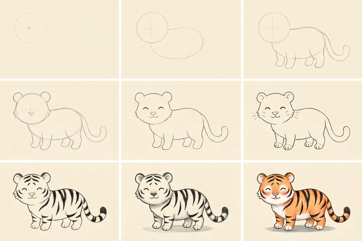 Nine pencil sketches: how to draw a cute cartoon tiger step by step in 9 stages, arranged in a 3 by 3 grid
