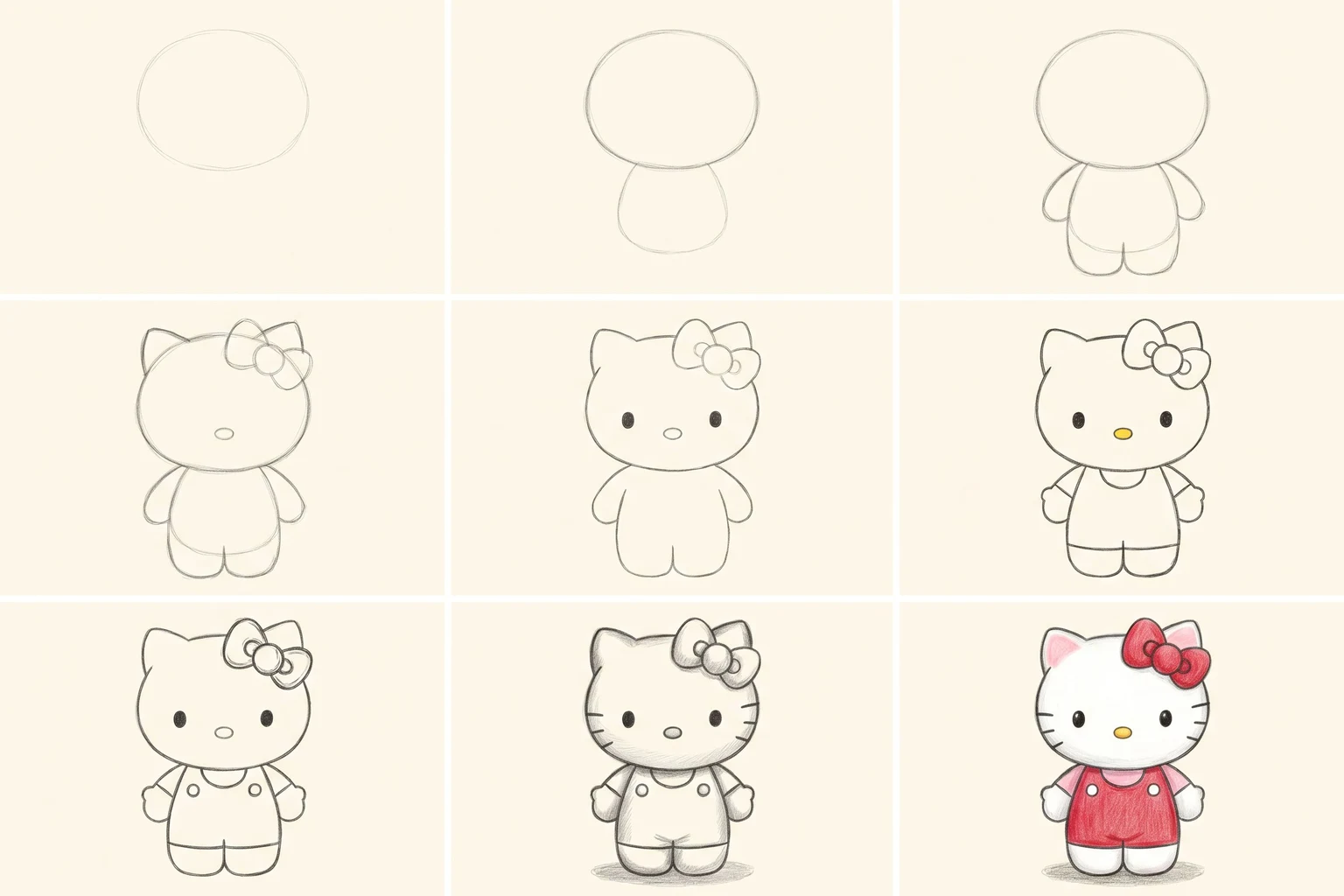 Nine pencil sketches: how to draw Hello Kitty step by step in cute cartoon style, arranged in a 3 by 3 grid