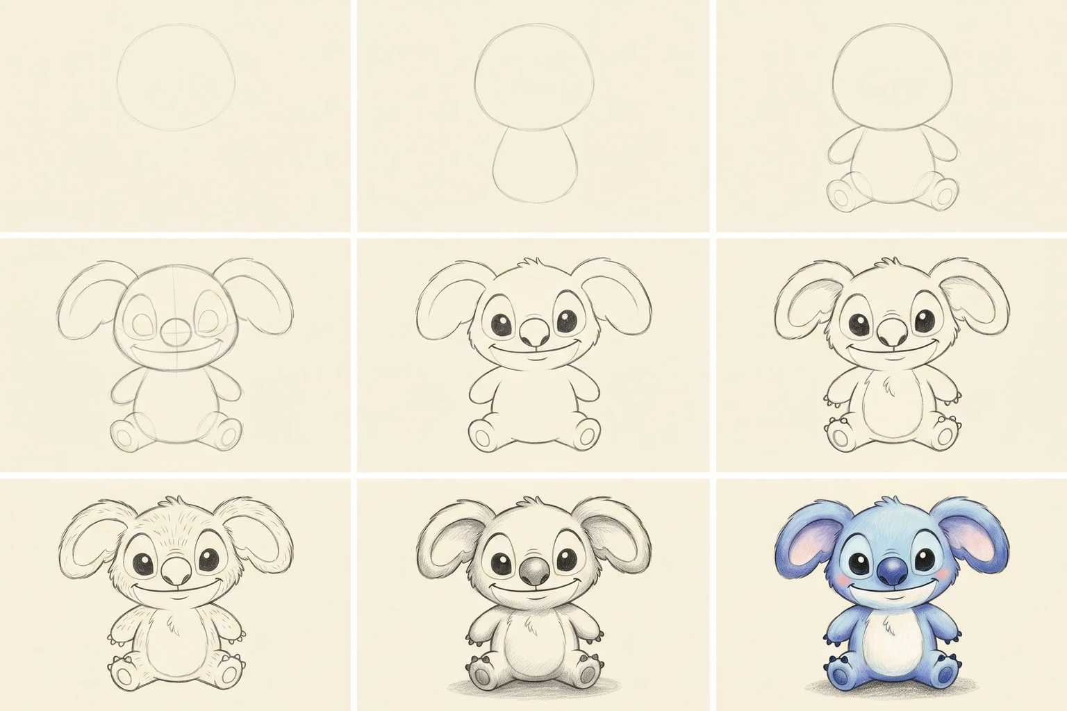 Nine pencil sketches: how to draw Stitch step by step in cute cartoon style, arranged in a 3 by 3 grid