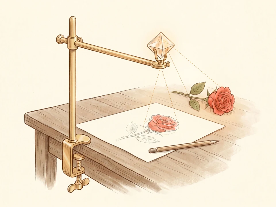 Hand-drawn illustration of a classic 1807 camera lucida: a brass arm clamped to a wooden desk holds a small prism above a sheet of paper, where a half-traced red rose is being drawn from a real rose sitting beside the page