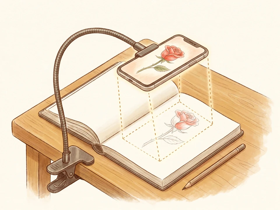 Hand-drawn illustration of the modern phone-as-camera-lucida setup: a flexible gooseneck stand holds an iPhone screen-down above an open sketchbook; the phone shows a rose illustration that lines up with a half-traced rose on the page below