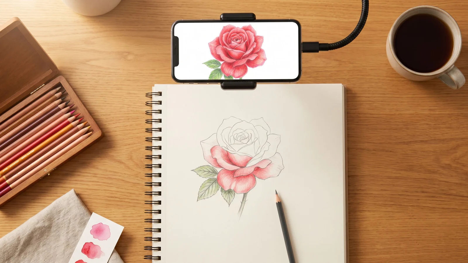 iPhone mounted above a sketchbook showing a rose template — the screen image lines up with a half-traced pencil rose below, demonstrating the modern camera lucida effect